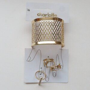 Charlotte Russe Gold Color Cuff Bracelet & Ring Set NEW 4 Different Rings Size 9
